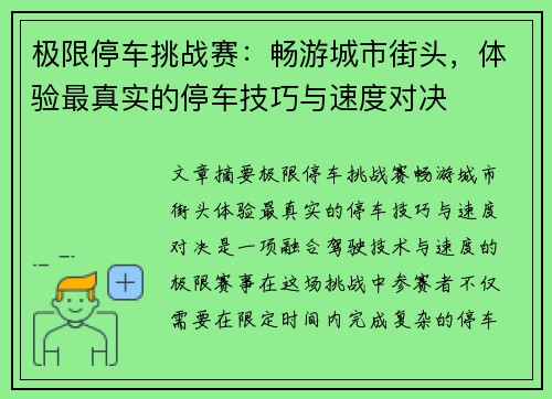 极限停车挑战赛：畅游城市街头，体验最真实的停车技巧与速度对决